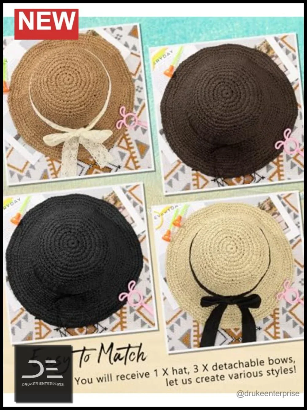 Handwoven Straw Floppy Bucket Sun Hat with Bows